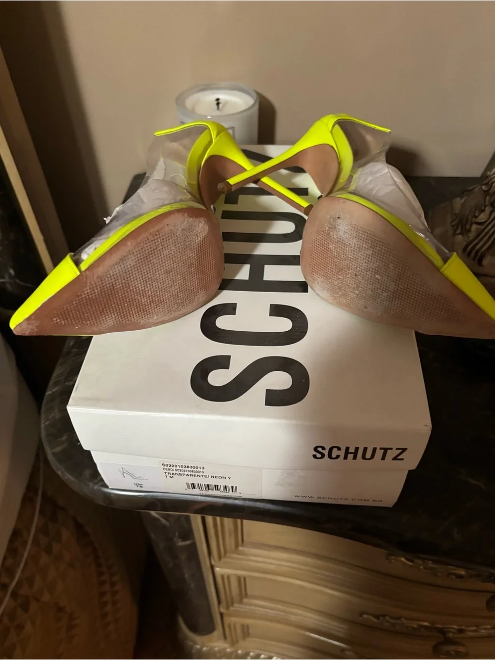 Schutz Clear Panel Neon Yellow Pointed Toe Stiletto Pumps